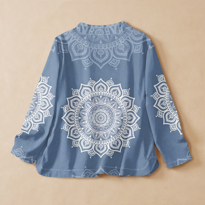 Buddha Stones Baumwoll-Kimono mit Mandala-Print, Hanfu-Stil, Wickeloptik, V-Ausschnitt und Schnürung, langärmlig, für Damen. - image 8