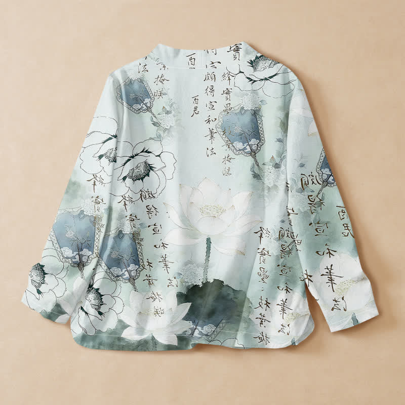 Buddha Stones Baumwoll-Tinte Lotus-Kalligrafie-Print Hanfu-Stil Wickelbluse mit V-Ausschnitt und Schnürung, langärmelig, Kimono für Damen - image 1