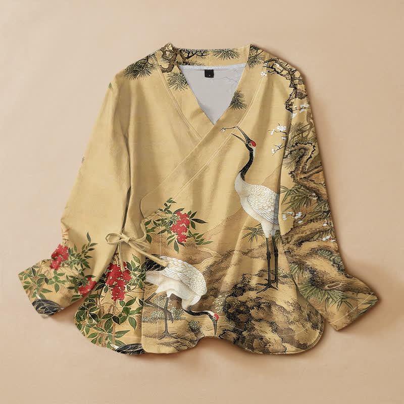 Buddha Stones Baumwoll-Kimono mit Kranich- und Kiefernblütenmuster im Hanfu-Stil, Wickeloptik, V-Ausschnitt und Schnürung, langärmlig - Goldrute - US16, UK/AU20, EU48 (3XL) - image 0
