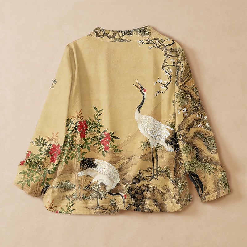 Buddha Stones Baumwoll-Kimono mit Kranich- und Kiefernblütenmuster im Hanfu-Stil, Wickeloptik, V-Ausschnitt und Schnürung, langärmlig - image 1