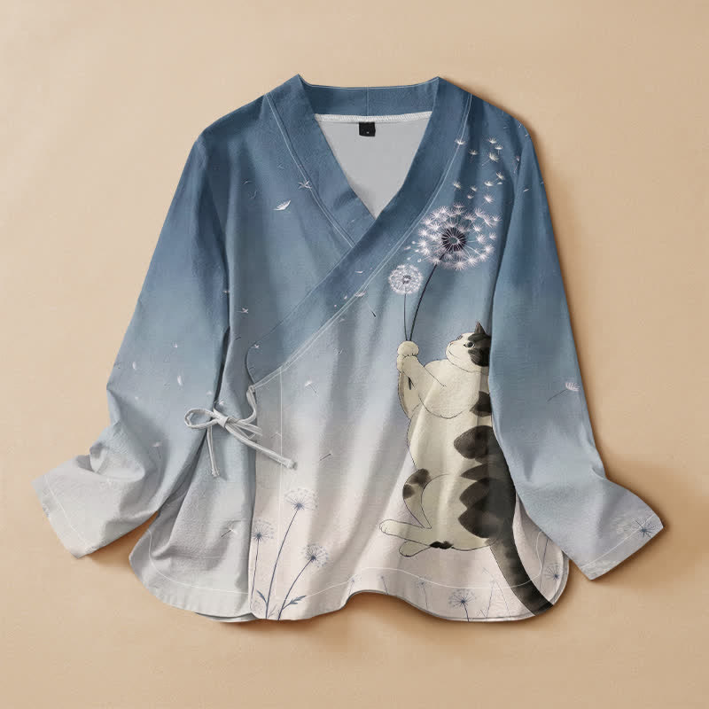 Buddha Stones Baumwoll-Kimono mit Löwenzahn- und Katzenmuster im Hanfu-Stil, Wickeloptik, V-Ausschnitt und Schnürung, Langarm, Damen - SteelBlue - US16, UK/AU20, EU48 (3XL) - image 0