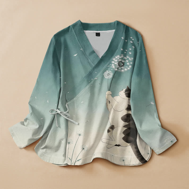 Buddha Stones Baumwoll-Kimono mit Löwenzahn- und Katzenmuster im Hanfu-Stil, Wickeloptik, V-Ausschnitt und Schnürung, Langarm, Damen - Hellseegrün - US16, UK/AU20, EU48 (3XL) - image 5