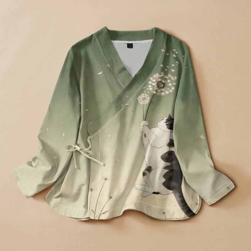 Buddha Stones Baumwoll-Kimono mit Löwenzahn- und Katzenmuster im Hanfu-Stil, Wickeloptik, V-Ausschnitt und Schnürung, Langarm, Damen - Olivgrün - US16, UK/AU20, EU48 (3XL) - image 7