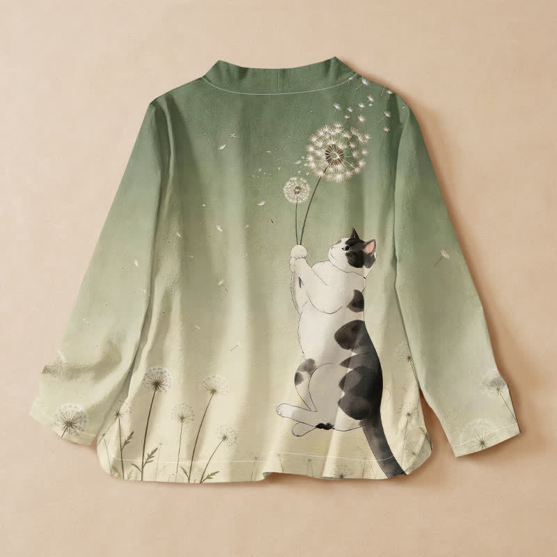 Buddha Stones Baumwoll-Kimono mit Löwenzahn- und Katzenmuster im Hanfu-Stil, Wickeloptik, V-Ausschnitt und Schnürung, Langarm, Damen - image 8
