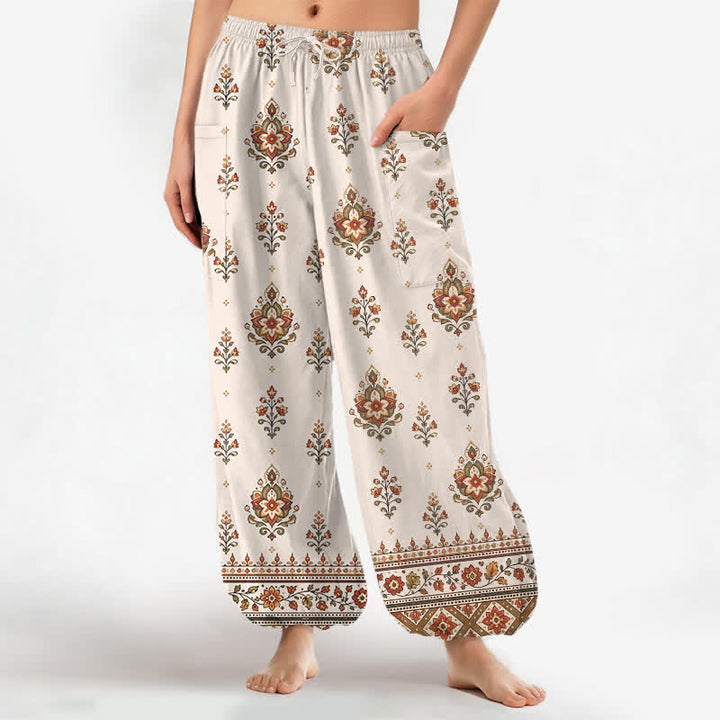 Buddha Stones Baumwoll-Haremshose für Damen mit böhmischem, floralem Ethno-Muster, elastischem Bund und Seitentaschen - Beige - US16, UK/AU20, EU48 (3XL) - image 0