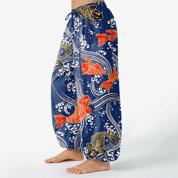 Buddha Stones Damen-Haremshose aus Baumwolle mit Koi-Wellenmuster, elastischem Bund und Seitentaschen - image 1