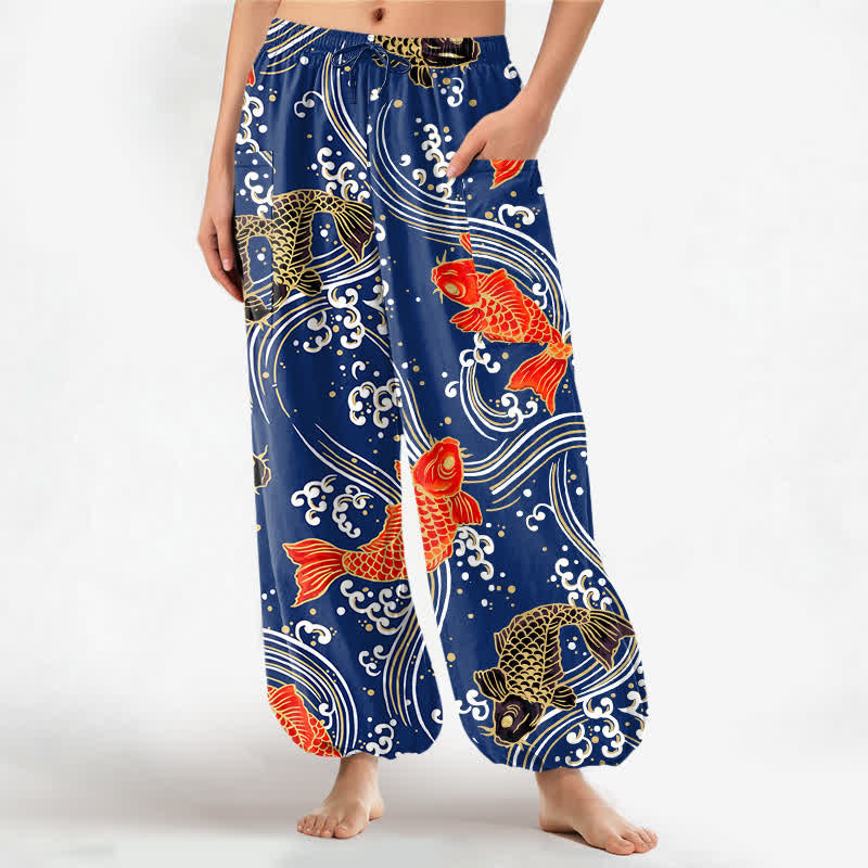 Buddha Stones Damen-Haremshose aus Baumwolle mit Koi-Wellenmuster, elastischem Bund und Seitentaschen - Marine - US16, UK/AU20, EU48 (3XL) - image 0