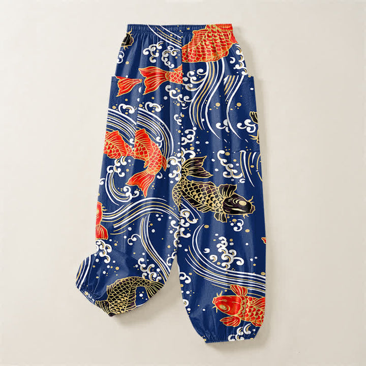 Buddha Stones Damen-Haremshose aus Baumwolle mit Koi-Wellenmuster, elastischem Bund und Seitentaschen - image 4