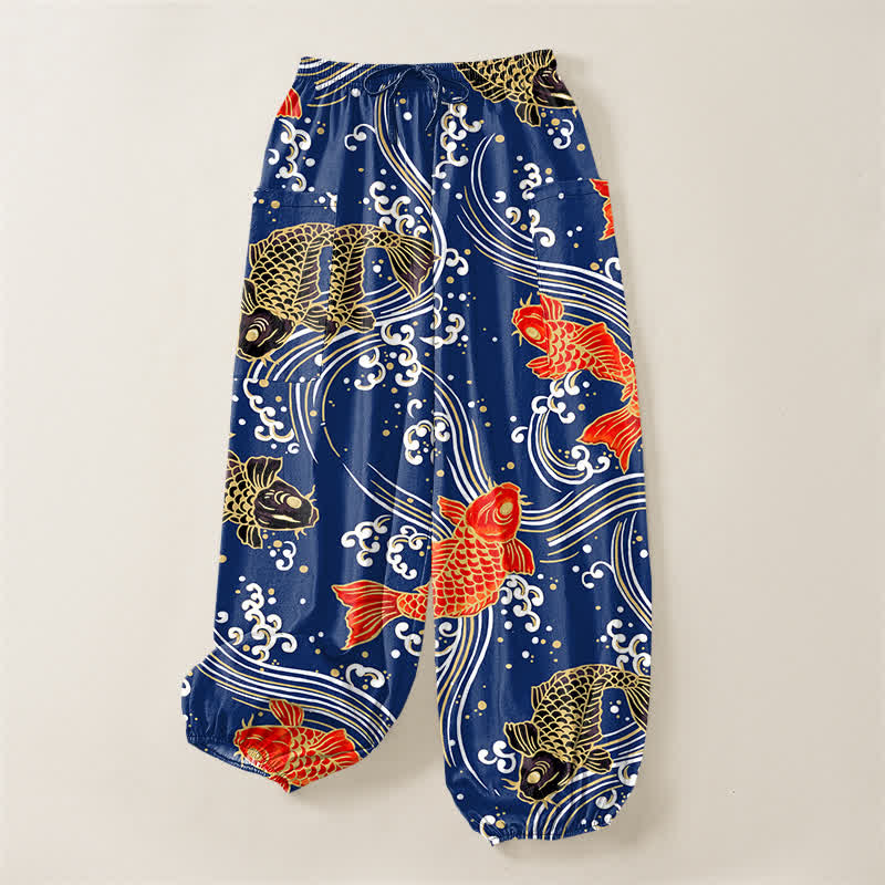 Buddha Stones Damen-Haremshose aus Baumwolle mit Koi-Wellenmuster, elastischem Bund und Seitentaschen - image 3