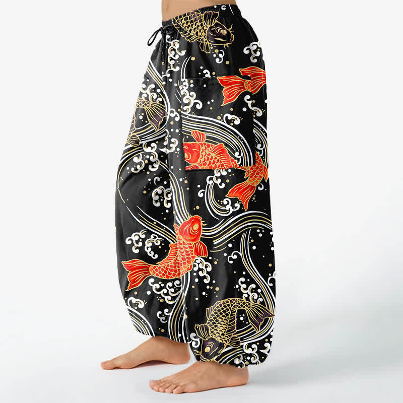 Buddha Stones Damen-Haremshose aus Baumwolle mit Koi-Wellenmuster, elastischem Bund und Seitentaschen - image 8