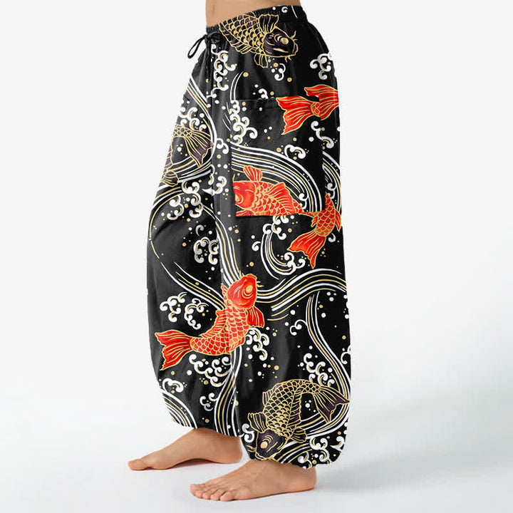 Buddha Stones Damen-Haremshose aus Baumwolle mit Koi-Wellenmuster, elastischem Bund und Seitentaschen - image 8