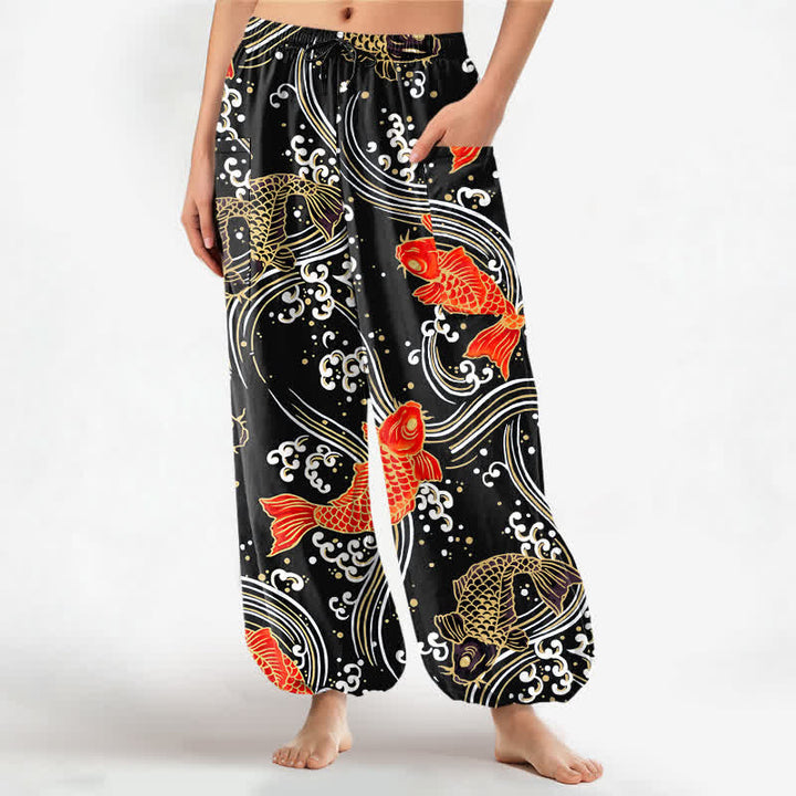 Buddha Stones Damen-Haremshose aus Baumwolle mit Koi-Wellenmuster, elastischem Bund und Seitentaschen - Schwarz - US16, UK/AU20, EU48 (3XL) - image 7
