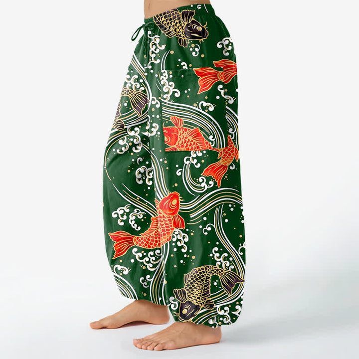 Buddha Stones Damen-Haremshose aus Baumwolle mit Koi-Wellenmuster, elastischem Bund und Seitentaschen - image 11