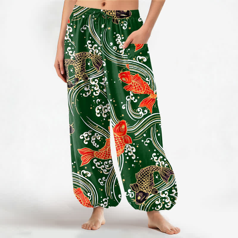 Buddha Stones Damen-Haremshose aus Baumwolle mit Koi-Wellenmuster, elastischem Bund und Seitentaschen - Dunkelgrün - US16, UK/AU20, EU48 (3XL) - image 10