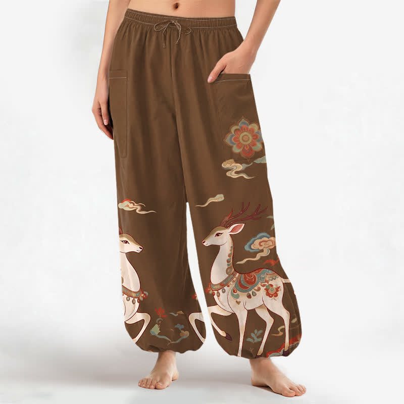 Buddha Stones Baumwoll-Haremshose für Damen mit Boho-Hirsch- und Wolkenmuster, elastischem Bund und Seitentaschen - Sienna - US16, UK/AU20, EU48 (3XL) - image 0
