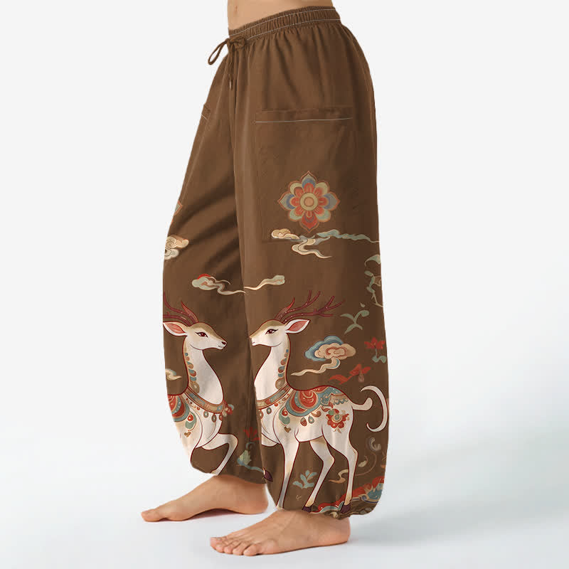 Buddha Stones Baumwoll-Haremshose für Damen mit Boho-Hirsch- und Wolkenmuster, elastischem Bund und Seitentaschen - image 1