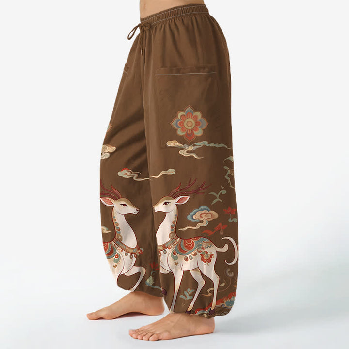 Buddha Stones Baumwoll-Haremshose für Damen mit Boho-Hirsch- und Wolkenmuster, elastischem Bund und Seitentaschen - image 1