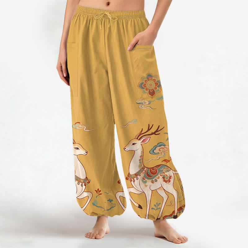 Buddha Stones Baumwoll-Haremshose für Damen mit Boho-Hirsch- und Wolkenmuster, elastischem Bund und Seitentaschen - Gold - US16, UK/AU20, EU48 (3XL) - image 7