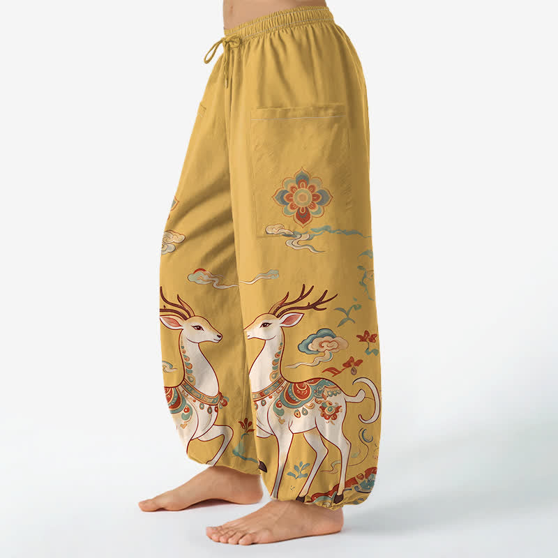 Buddha Stones Baumwoll-Haremshose für Damen mit Boho-Hirsch- und Wolkenmuster, elastischem Bund und Seitentaschen - image 8