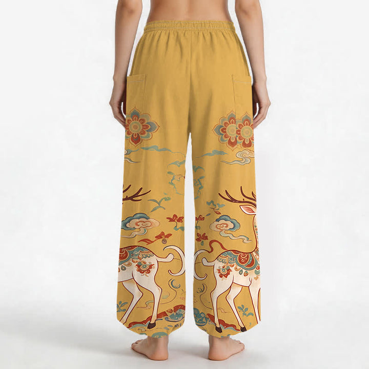 Buddha Stones Baumwoll-Haremshose für Damen mit Boho-Hirsch- und Wolkenmuster, elastischem Bund und Seitentaschen - image 9