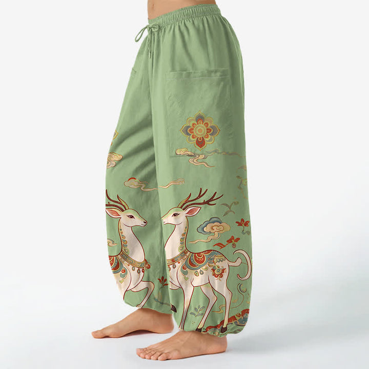 Buddha Stones Baumwoll-Haremshose für Damen mit Boho-Hirsch- und Wolkenmuster, elastischem Bund und Seitentaschen - image 11