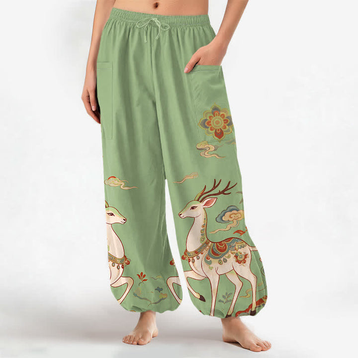 Buddha Stones Baumwoll-Haremshose für Damen mit Boho-Hirsch- und Wolkenmuster, elastischem Bund und Seitentaschen - Hellgrün - US16, UK/AU20, EU48 (3XL) - image 10