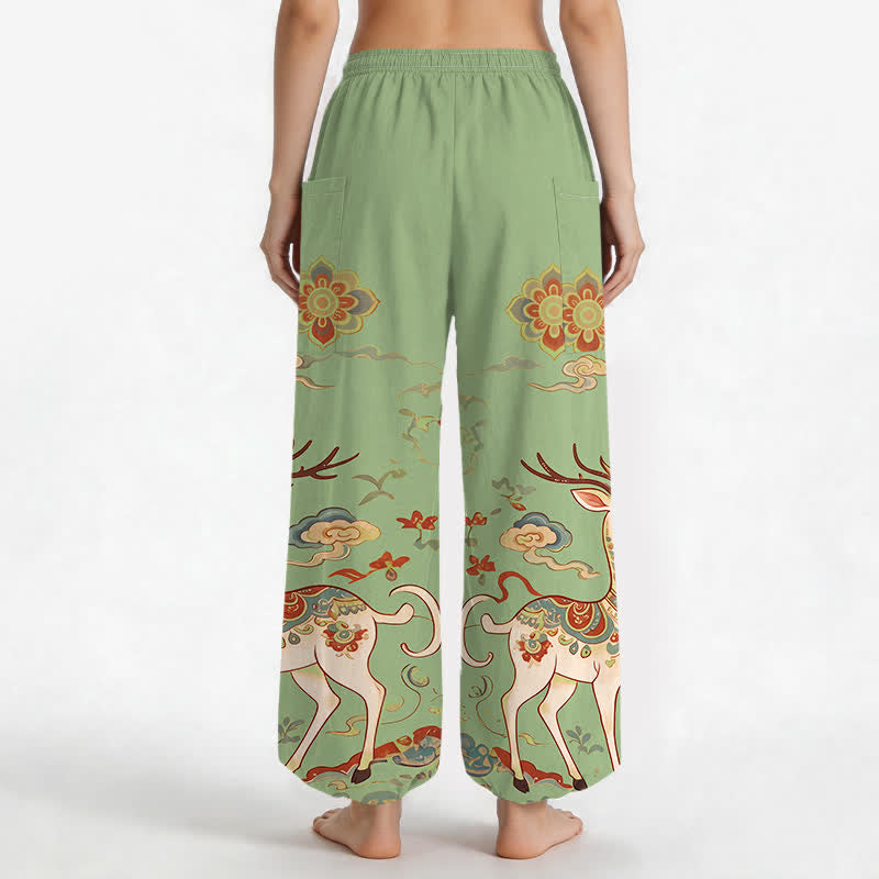 Buddha Stones Baumwoll-Haremshose für Damen mit Boho-Hirsch- und Wolkenmuster, elastischem Bund und Seitentaschen - image 12