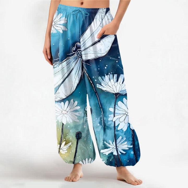 Buddha Stones Baumwoll-Haremshose für Damen mit Aquarell-Libellen- und Gänseblümchenmuster, elastischem Bund und Seitentaschen - Tiefblau - US16, UK/AU20, EU48 (3XL) - image 0