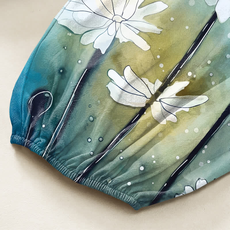 Buddha Stones Baumwoll-Haremshose für Damen mit Aquarell-Libellen- und Gänseblümchenmuster, elastischem Bund und Seitentaschen - image 6