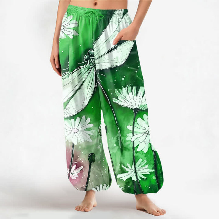 Buddha Stones Baumwoll-Haremshose für Damen mit Aquarell-Libellen- und Gänseblümchenmuster, elastischem Bund und Seitentaschen - SpringGreen - US16, UK/AU20, EU48 (3XL) - image 7