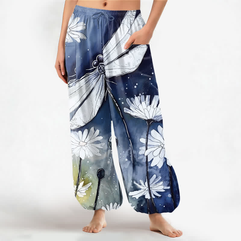 Buddha Stones Baumwoll-Haremshose für Damen mit Aquarell-Libellen- und Gänseblümchenmuster, elastischem Bund und Seitentaschen - Marine - US16, UK/AU20, EU48 (3XL) - image 10