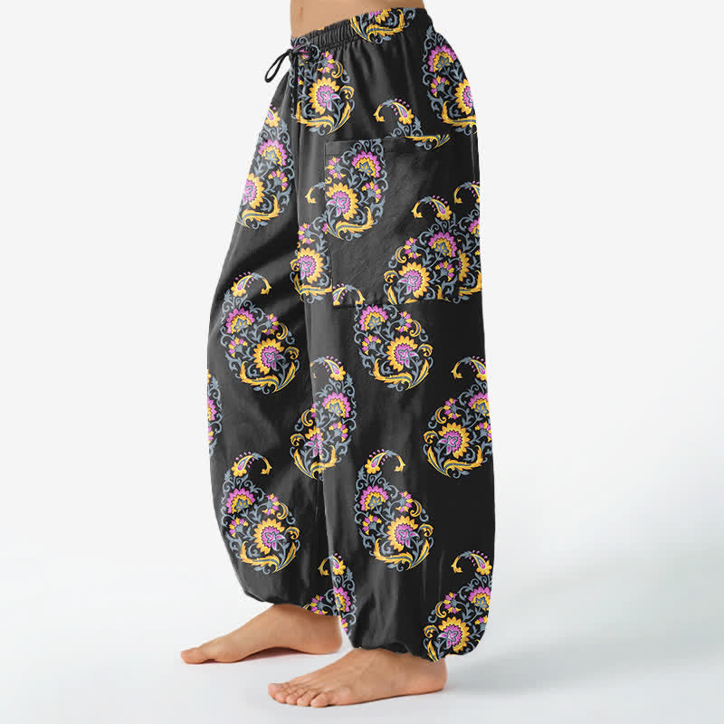Buddha Stones Baumwoll-Haremshose für Damen mit persischem Paisley-Muster im Boho-Stil, elastischem Bund und Seitentaschen - image 1