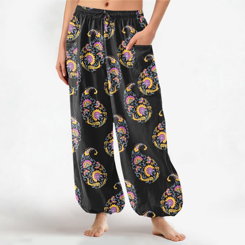 Buddha Stones Baumwoll-Haremshose für Damen mit persischem Paisley-Muster im Boho-Stil, elastischem Bund und Seitentaschen - Schwarz - US16, UK/AU20, EU48 (3XL) - image 0