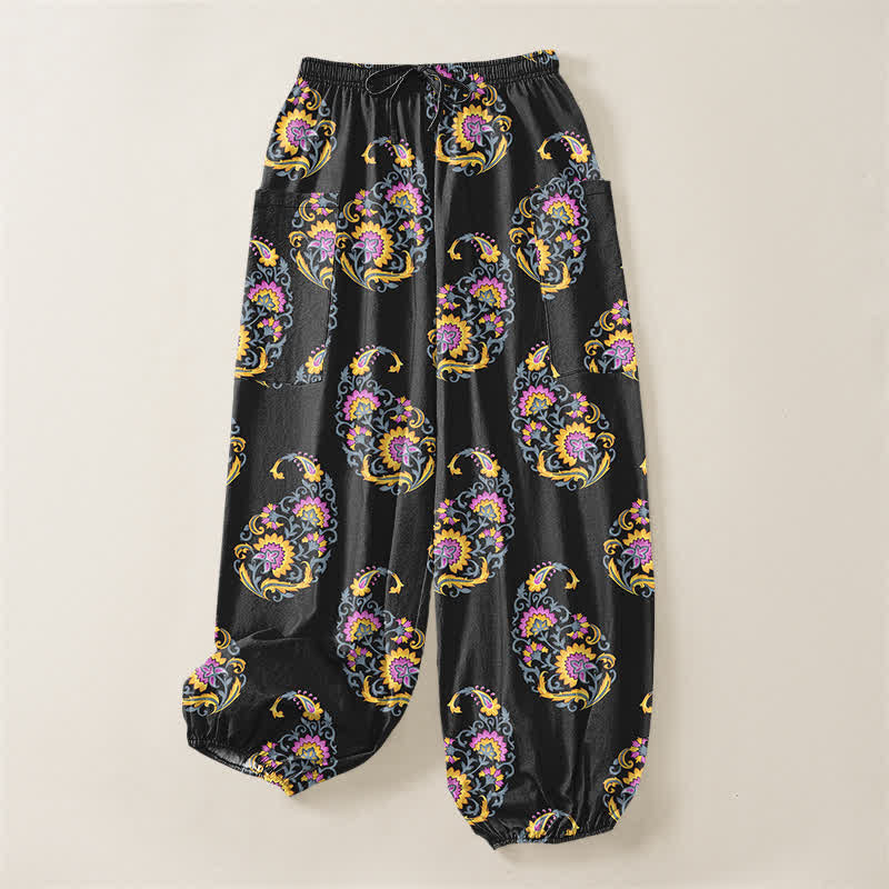 Buddha Stones Baumwoll-Haremshose für Damen mit persischem Paisley-Muster im Boho-Stil, elastischem Bund und Seitentaschen - image 3