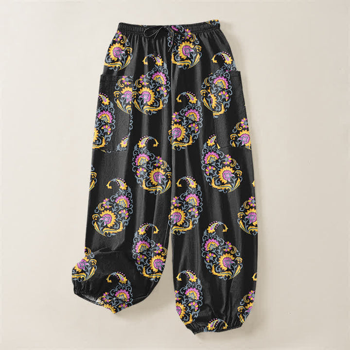 Buddha Stones Baumwoll-Haremshose für Damen mit persischem Paisley-Muster im Boho-Stil, elastischem Bund und Seitentaschen - image 3
