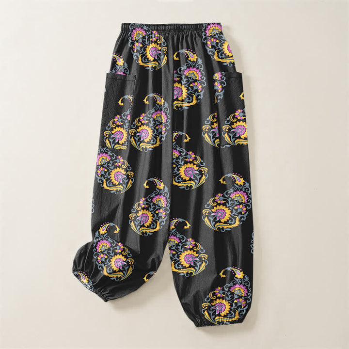 Buddha Stones Baumwoll-Haremshose für Damen mit persischem Paisley-Muster im Boho-Stil, elastischem Bund und Seitentaschen - image 4