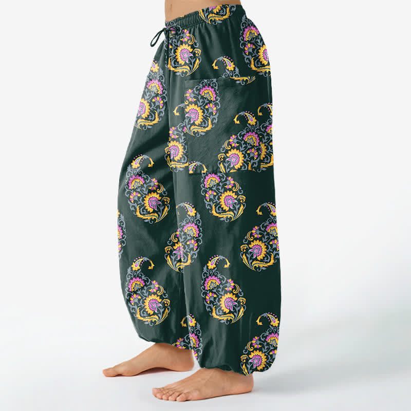 Buddha Stones Baumwoll-Haremshose für Damen mit persischem Paisley-Muster im Boho-Stil, elastischem Bund und Seitentaschen - image 11