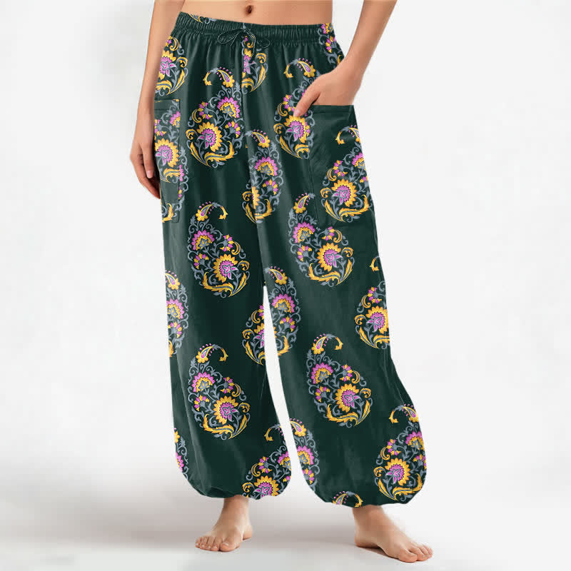 Buddha Stones Baumwoll-Haremshose für Damen mit persischem Paisley-Muster im Boho-Stil, elastischem Bund und Seitentaschen - Dunkelgrün - US16, UK/AU20, EU48 (3XL) - image 10