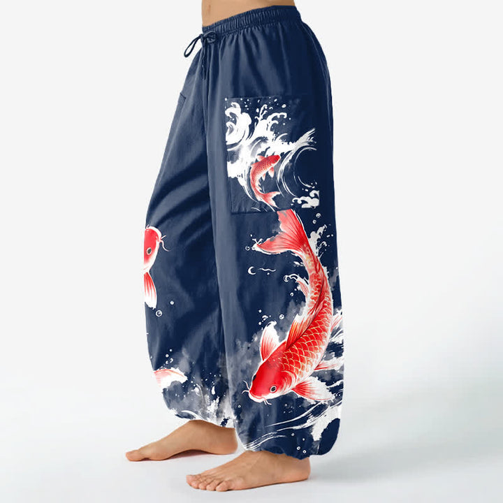Buddha Stones Damen-Haremshose aus Baumwolle mit Koi-Fisch-Wassermuster, elastischem Bund und Seitentaschen - image 1