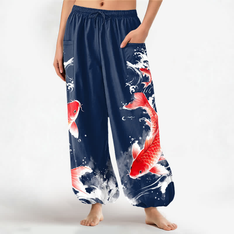 Buddha Stones Damen-Haremshose aus Baumwolle mit Koi-Fisch-Wassermuster, elastischem Bund und Seitentaschen - Marine - US16, UK/AU20, EU48 (3XL) - image 0