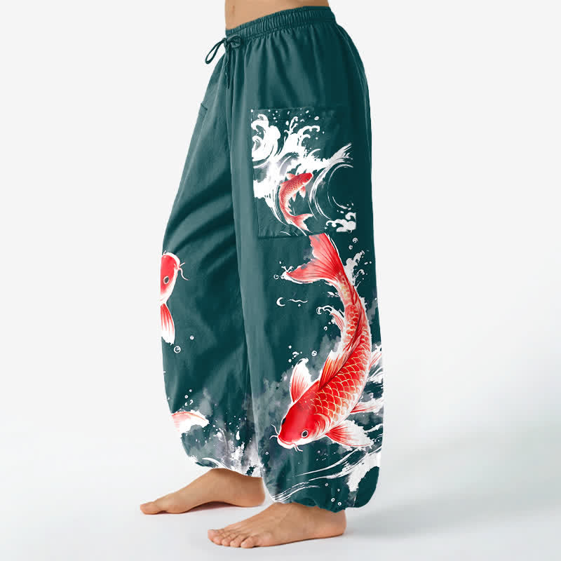 Buddha Stones Damen-Haremshose aus Baumwolle mit Koi-Fisch-Wassermuster, elastischem Bund und Seitentaschen - image 8