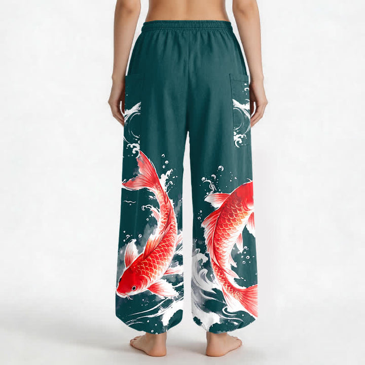 Buddha Stones Damen-Haremshose aus Baumwolle mit Koi-Fisch-Wassermuster, elastischem Bund und Seitentaschen - image 9