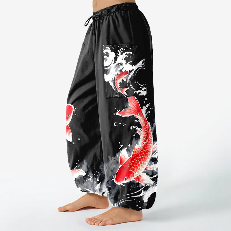 Buddha Stones Damen-Haremshose aus Baumwolle mit Koi-Fisch-Wassermuster, elastischem Bund und Seitentaschen - image 11