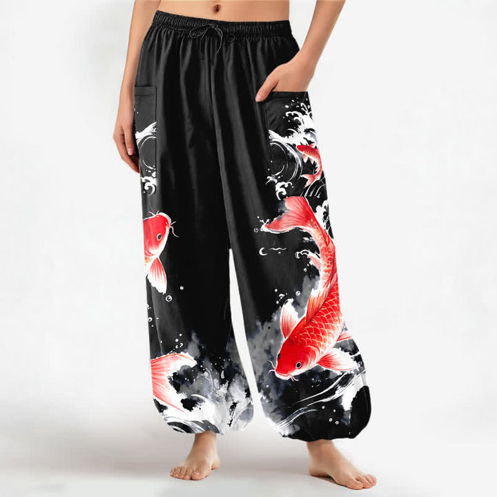 Buddha Stones Damen-Haremshose aus Baumwolle mit Koi-Fisch-Wassermuster, elastischem Bund und Seitentaschen - Schwarz - US16, UK/AU20, EU48 (3XL) - image 10