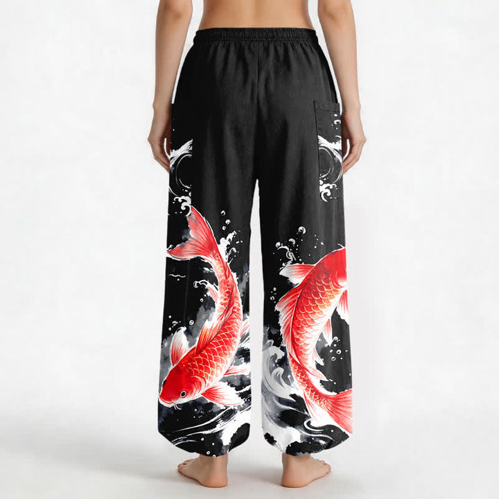 Buddha Stones Damen-Haremshose aus Baumwolle mit Koi-Fisch-Wassermuster, elastischem Bund und Seitentaschen - image 12