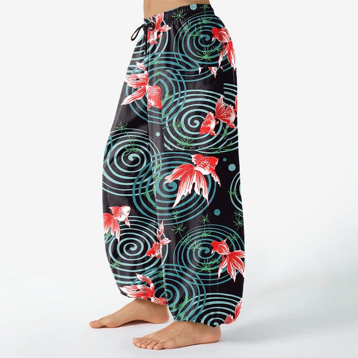 Buddha Stones Baumwoll-Haremshose für Damen mit orientalischem Koi-Rippenmuster, elastischem Bund und Seitentaschen - image 1