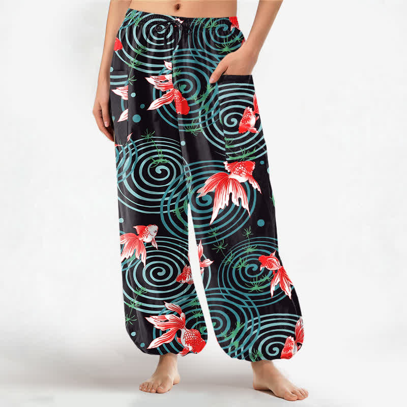 Buddha Stones Baumwoll-Haremshose für Damen mit orientalischem Koi-Rippenmuster, elastischem Bund und Seitentaschen - Schwarz - US16, UK/AU20, EU48 (3XL) - image 0