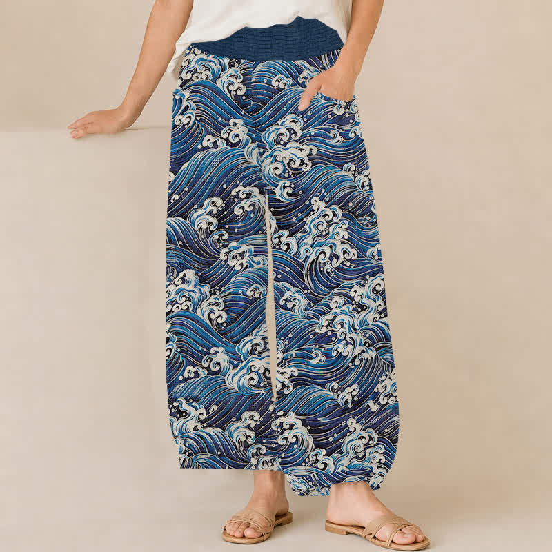 Buddha Stones Damen-Haremshose aus Baumwolle mit Ozeanwellenmuster, Falten, elastischem Bund und Taschen - Marine - US16, UK/AU20, EU48 (3XL) - image 0