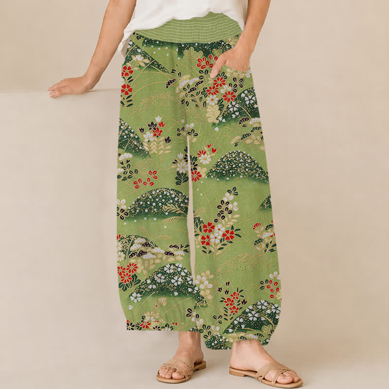 Buddha Stones Damen-Haremshose mit Baumwollblütenmuster, Falten und elastischem Bund, Taschen - Gelbgrün - US16, UK/AU20, EU48 (3XL) - image 0