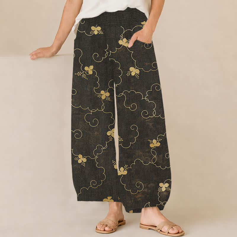 Buddha Stones Baumwoll-Haremshose im Vintage-Stil mit Blüten- und Wolkenmuster, Falten, elastischem Bund und Taschen - Schwarz - US16, UK/AU20, EU48 (3XL) - image 0